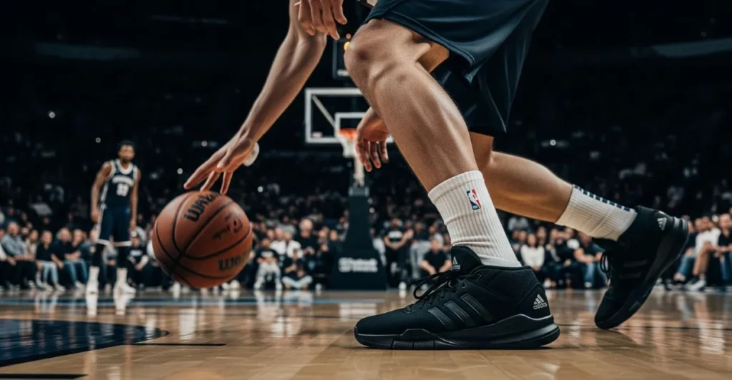 Slow-motion shot of a basketball player doing a crossover, focusing on black Adidas sneakers. Best Basketball Shoes for agility.