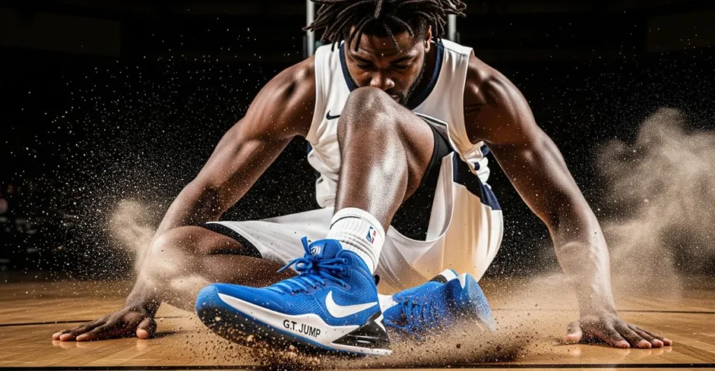 Close-up of a basketball center landing, blue Nike G.T. Jump sneakers with dust rising. Best Basketball Shoes for impact absorption.