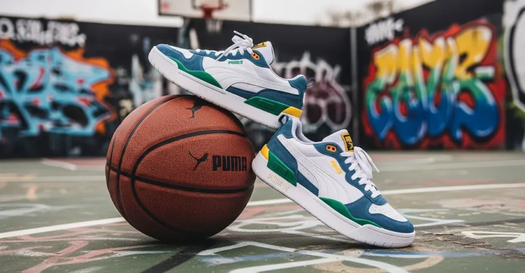 Colorful MB.03 sneakers on a basketball, with urban graffiti background. Best Basketball Shoes for style.
