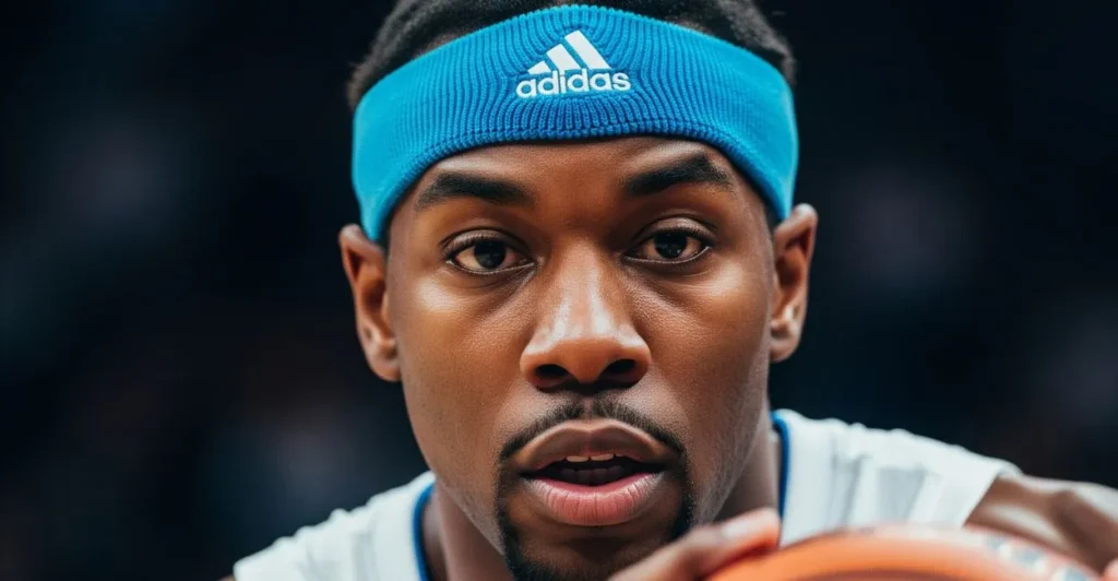 Close-up of a basketball player wearing a blue Adidas Basketball Headband, in a moment of focus while dribbling, highlighting the logo.