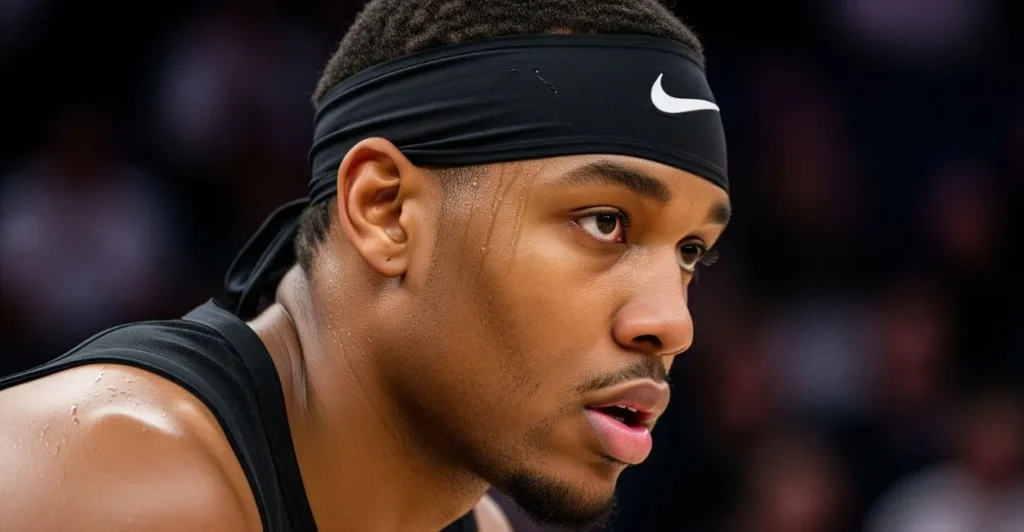 Sweaty and determined athlete performing intense battle rope training outdoors, wearing a Basketball Headband.