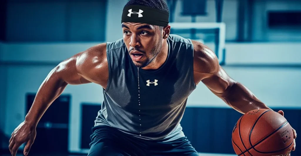 Basketball player intensely dribbling on an indoor court, wearing a black Under Armour Basketball Headband, emphasizing sweat and performance.